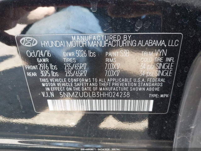 44959671 :رقم المزاد ، 5NMZUDLB3HH024238 vin ، 2017 Hyundai Santa Fe Sport 2.4l مزاد بيع
