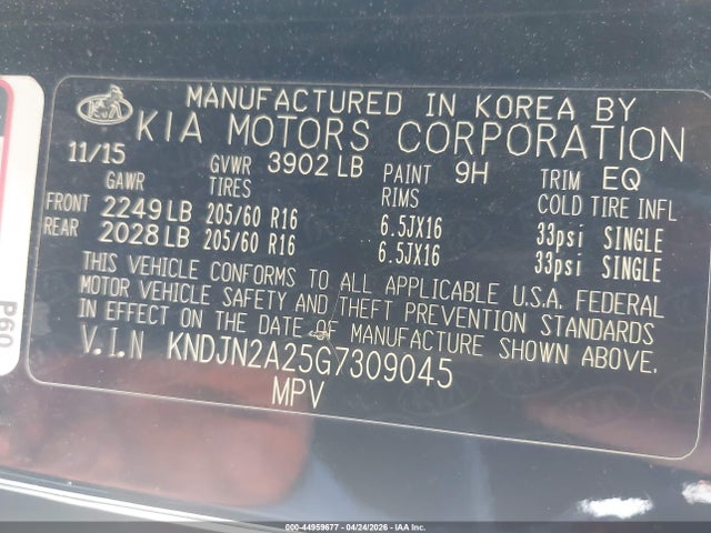Aukcja sprzedaży 2016 Kia Soul, vin: KNDJN2A25G7309045, numer aukcji: 44959677