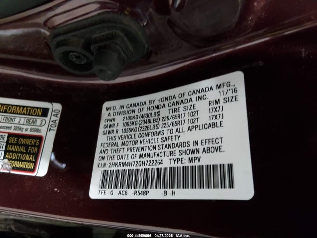 2HKRM4H72GH722264 Honda Cr-v Ex-l