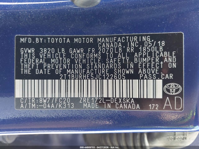 2T1BURHE5JC122605 Toyota COROLLA SE