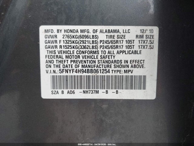 Продажа на аукционе авто 2011 Honda Pilot Touring, vin: 5FNYF4H94BB061254, номер лота: 44959714