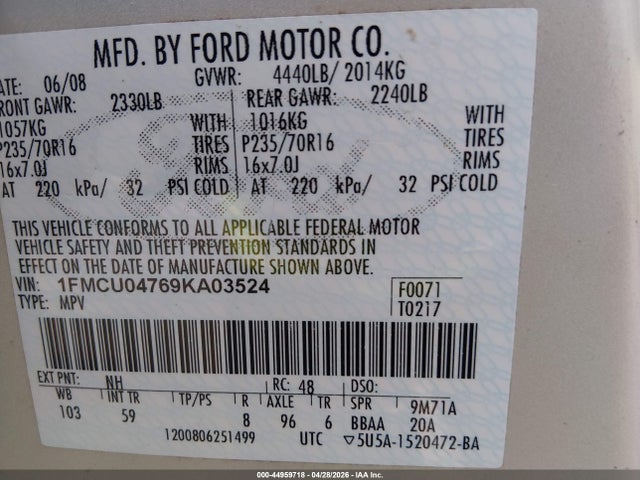 Aukcja sprzedaży 2009 Ford Escape Limited, vin: 1FMCU04769KA03524, numer aukcji: 44959718