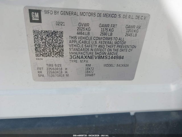 44959720 :رقم المزاد ، 3GNAXNEV8MS144984 vin ، 2021 Chevrolet Equinox Fwd Premier مزاد بيع