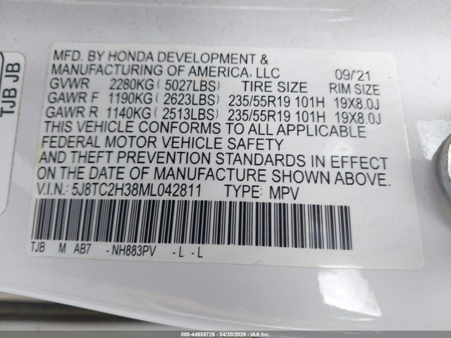 44959726 :رقم المزاد ، 5J8TC2H38ML042811 vin ، 2021 Acura Rdx Standard مزاد بيع