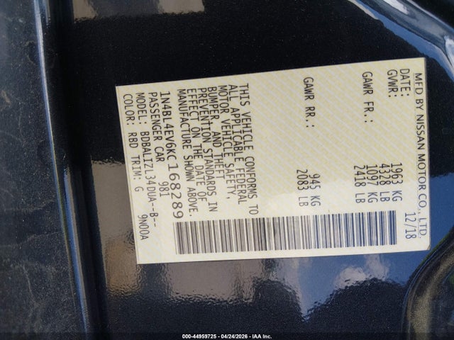 44959725 :رقم المزاد ، 1N4BL4EV6KC168289 vin ، 2019 Nissan Altima 2.5 Sl مزاد بيع