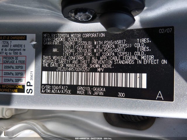 Продаж на аукціоні авто 2007 Toyota 4runner Sr5 V6, vin: JTEZU14R570093257, номер лоту: 44959734