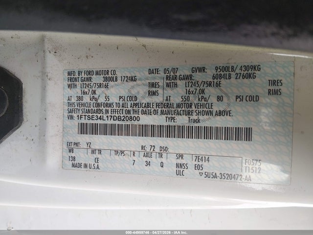 Продаж на аукціоні авто 2007 Ford E-350 Super Duty Commercial/recreational, vin: 1FTSE34L17DB20800, номер лоту: 44959746
