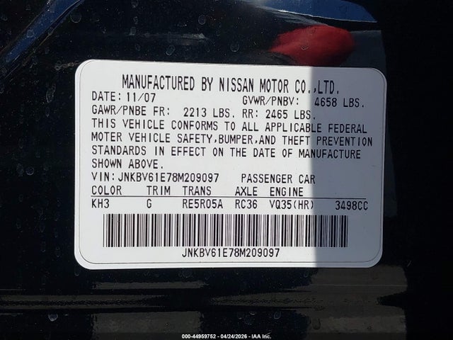 44959752 :رقم المزاد ، JNKBV61E78M209097 vin ، 2008 Infiniti G35 Journey مزاد بيع