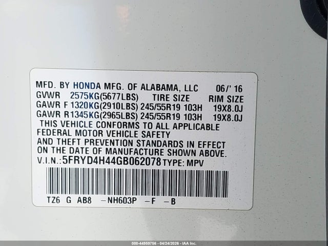 5FRYD4H44GB062078 Acura Mdx Technology Acurawatch Plus Packages/technology Package