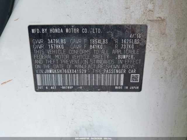 2016 Honda Fit Ex მანქანა იყიდება აუქციონზე, vin: JHMGK5H76GX041529, აუქციონის ნომერი: 44959769