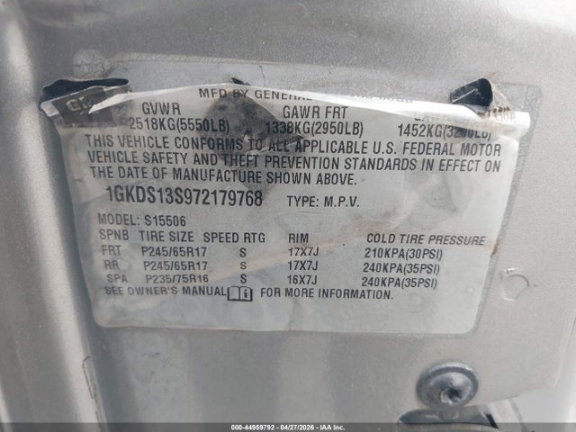 Aukcja sprzedaży 2007 Gmc Envoy Sle, vin: 1GKDS13S972179768, numer aukcji: 44959792