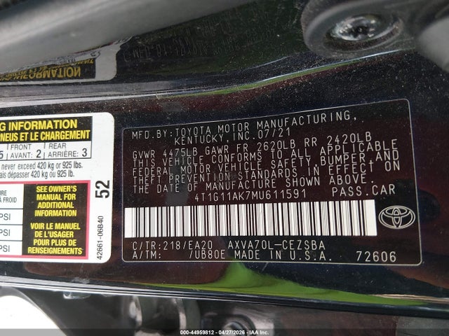 44959812 :رقم المزاد ، 4T1G11AK7MU611591 vin ، 2021 Toyota Camry Se مزاد بيع