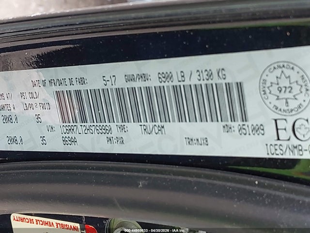 44959833 :رقم المزاد ، 1C6RR7LT2HS769960 vin ، 2017 Ram 1500 Slt مزاد بيع