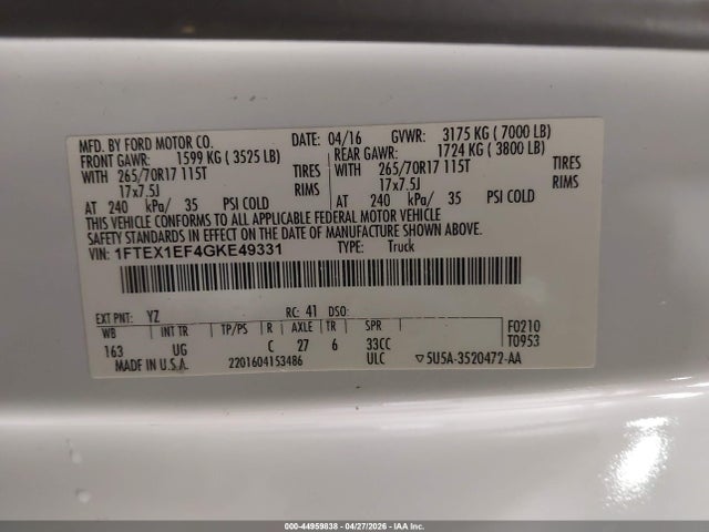 2016 Ford F-150 Xlt მანქანა იყიდება აუქციონზე, vin: 1FTEX1EF4GKE49331, აუქციონის ნომერი: 44959838