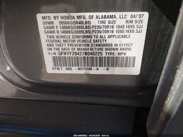 44959852 :رقم المزاد ، 5FNYF28427B040225 vin ، 2007 Honda Pilot Ex مزاد بيع