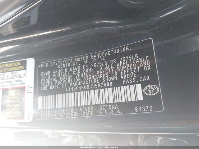2012 Toyota Camry Se მანქანა იყიდება აუქციონზე, vin: 4T1BF1FK6CU587688, აუქციონის ნომერი: 44959858