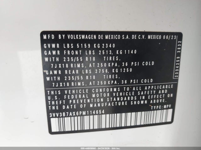 Продаж на аукціоні авто 2023 Volkswagen Tiguan 2.0t Se, vin: 3VV3B7AX6PM114654, номер лоту: 44959860