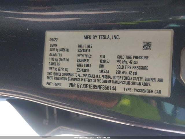 2022 Tesla Model 3 Long Range Dual Motor All-wheel Drive მანქანა იყიდება აუქციონზე, vin: 5YJ3E1EB5NF356144, აუქციონის ნომერი: 44959862