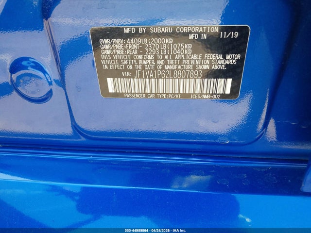 Aukcja sprzedaży 2020 Subaru Wrx Limited, vin: JF1VA1P62L8807893, numer aukcji: 44959864