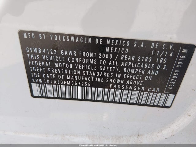 44959870 :رقم المزاد ، 3VW1K7AJ0FM357258 vin ، 2015 Volkswagen Jetta 2.0l S مزاد بيع
