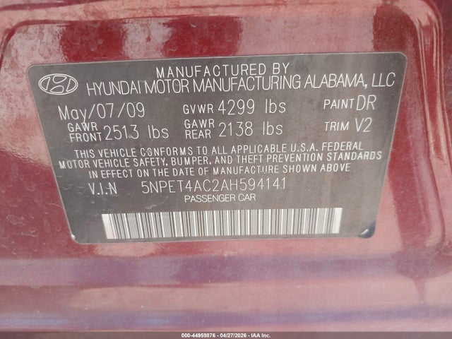 Продажа на аукционе авто 2010 Hyundai Sonata Gls, vin: 5NPET4AC2AH594141, номер лота: 44959876