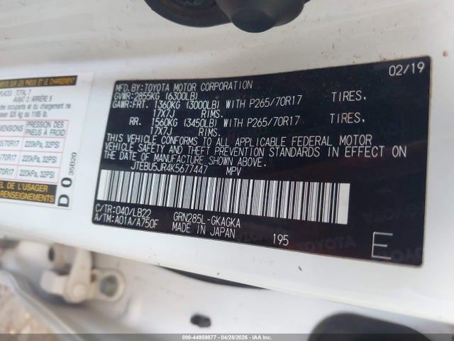 Aukcja sprzedaży 2019 Toyota 4runner Sr5 Premium, vin: JTEBU5JR4K5677447, numer aukcji: 44959877