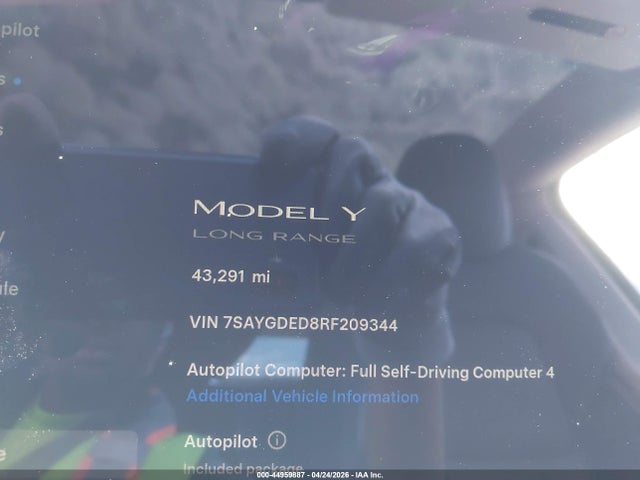 Aukcja sprzedaży 2024 Tesla Model Y Long Range Single Motor Rear-wheel Drive/rwd, vin: 7SAYGDED8RF209344, numer aukcji: 44959887