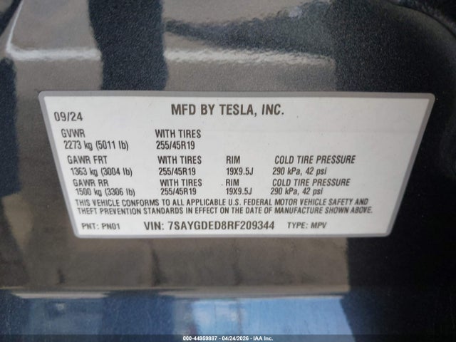 Aukcja sprzedaży 2024 Tesla Model Y Long Range Single Motor Rear-wheel Drive/rwd, vin: 7SAYGDED8RF209344, numer aukcji: 44959887