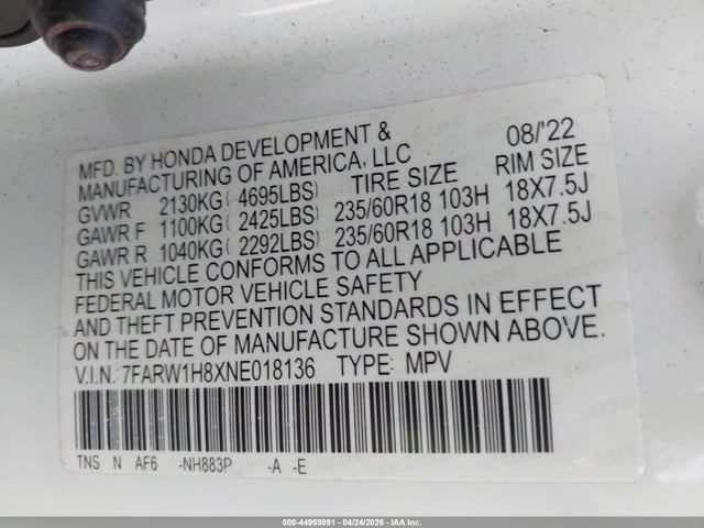 44959891 :رقم المزاد ، 7FARW1H8XNE018136 vin ، 2022 Honda Cr-v 2wd Ex-l مزاد بيع
