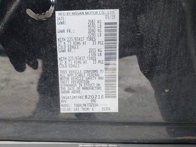 44959912 :رقم المزاد ، 5N1AT2MT4KC820218 vin ، 2019 Nissan Rogue S مزاد بيع