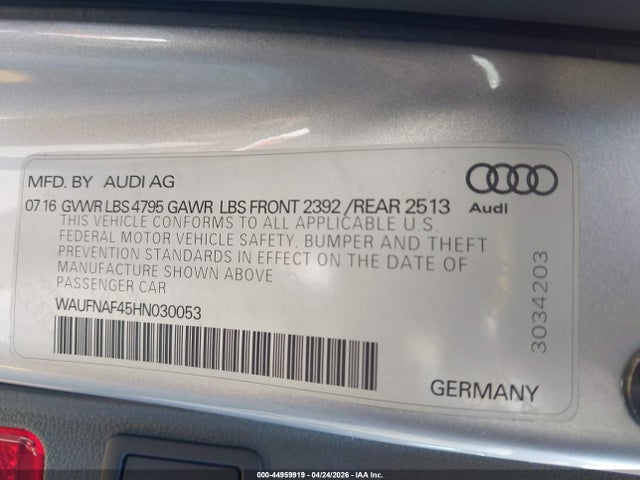 44959919 :رقم المزاد ، WAUFNAF45HN030053 vin ، 2017 Audi A4 2.0t Premium مزاد بيع