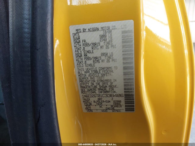 44959920 :رقم المزاد ، 1N6ED26T01C338406 vin ، 2001 Nissan Frontier Desert Runner Xe-v6 مزاد بيع