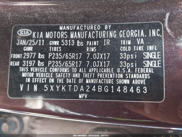 Продаж на аукціоні авто 2011 Kia Sorento Lx V6, vin: 5XYKTDA24BG148463, номер лоту: 44959924
