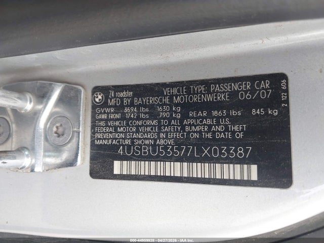 Aukcja sprzedaży 2007 Bmw Z4 3.0si, vin: 4USBU53577LX03387, numer aukcji: 44959928