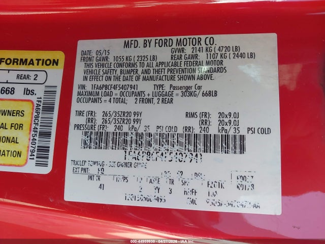 44959930 :رقم المزاد ، 1FA6P8CF4F5407941 vin ، 2015 Ford Mustang Gt Premium مزاد بيع
