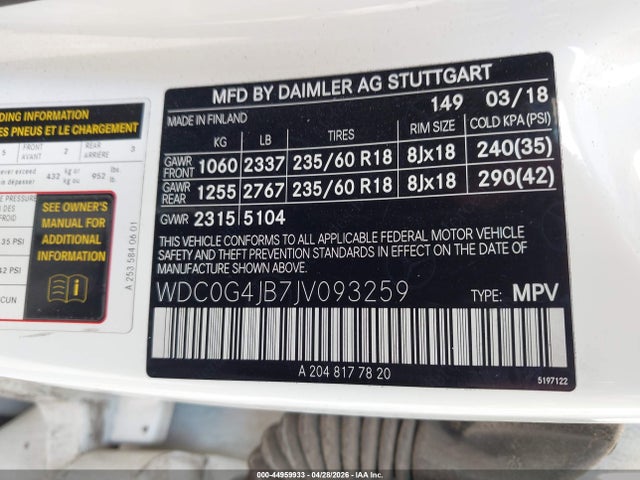 44959933 :رقم المزاد ، WDC0G4JB7JV093259 vin ، 2018 Mercedes-benz Glc 300 مزاد بيع