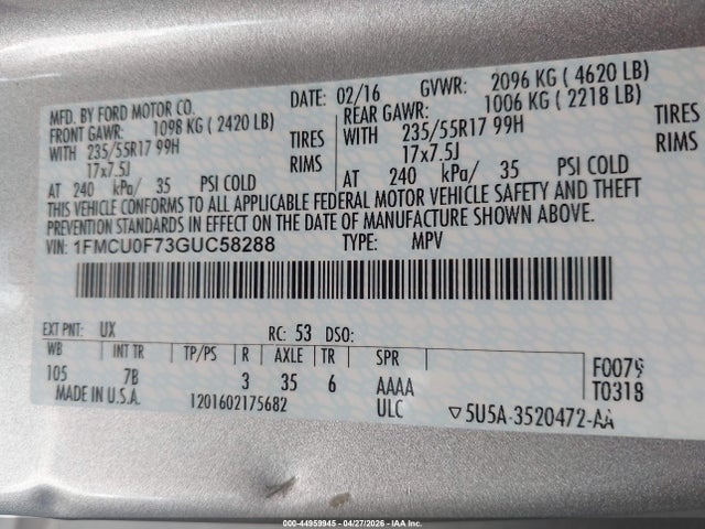 Продажа на аукционе авто 2016 Ford Escape S, vin: 1FMCU0F73GUC58288, номер лота: 44959945