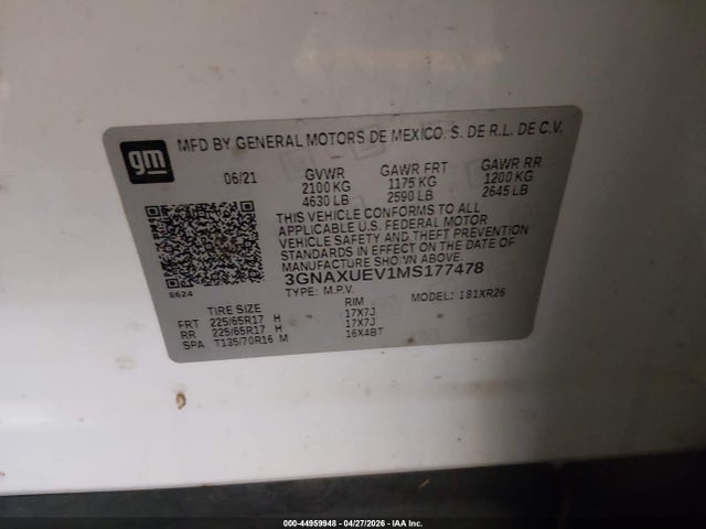 44959948 :رقم المزاد ، 3GNAXUEV1MS177478 vin ، 2021 Chevrolet Equinox Awd Lt مزاد بيع
