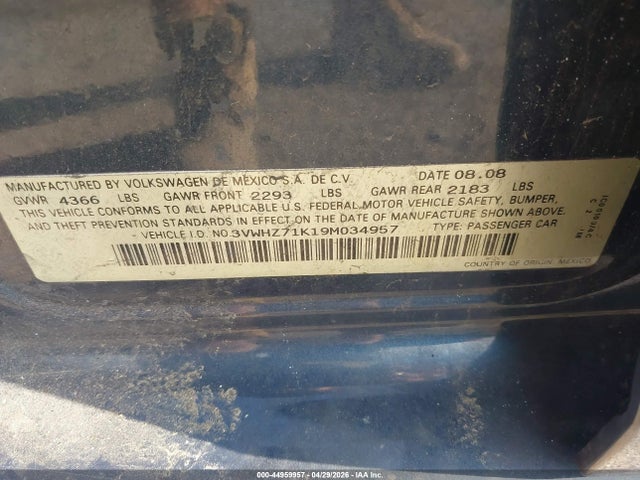 Aukcja sprzedaży 2009 Volkswagen Jetta S, vin: 3VWHZ71K19M034957, numer aukcji: 44959957