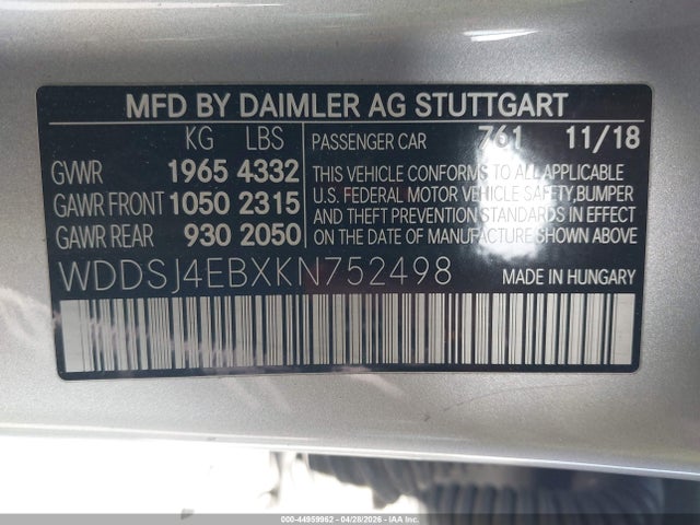 Aukcja sprzedaży 2019 Mercedes-benz Cla 250, vin: WDDSJ4EBXKN752498, numer aukcji: 44959962