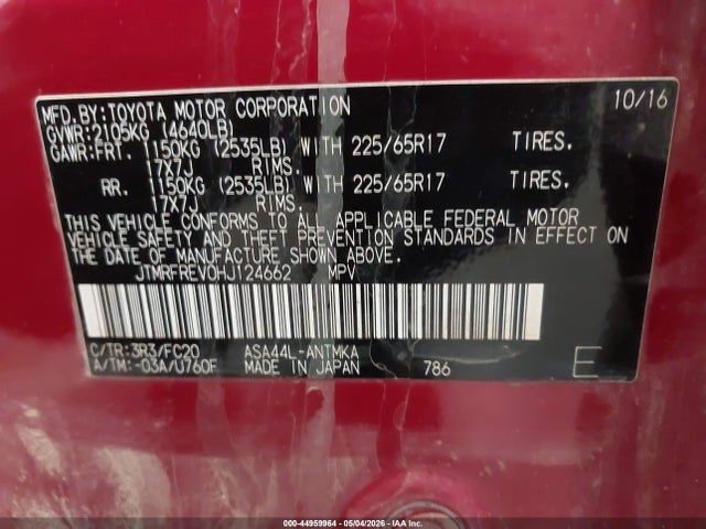 Продаж на аукціоні авто 2017 Toyota Rav4 Xle, vin: JTMRFREV0HJ124662, номер лоту: 44959964