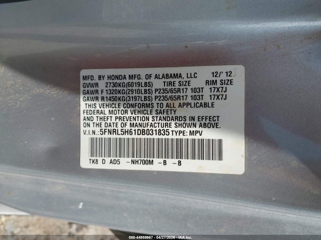 Продаж на аукціоні авто 2013 Honda Odyssey Ex-l, vin: 5FNRL5H61DB031835, номер лоту: 44959967