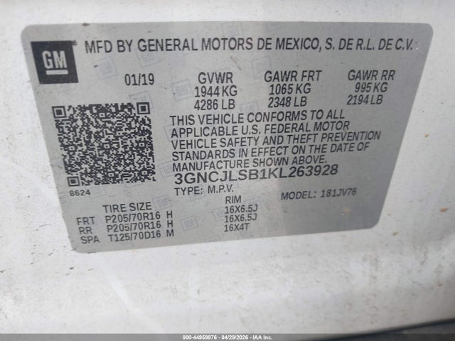 Auction sale of the 2019 Chevrolet Trax Lt, vin: 3GNCJLSB1KL263928, lot number: 44959976