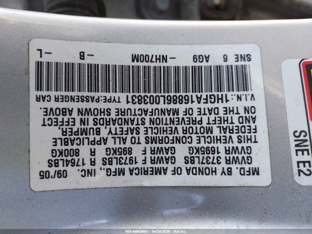 Продажа на аукционе авто 2006 Honda Civic Ex, vin: 1HGFA16886L003831, номер лота: 44959981