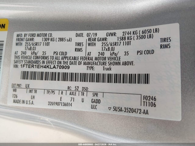 Ford RANGER XL 2019 1FTER1EH4KLA70909 Image 9