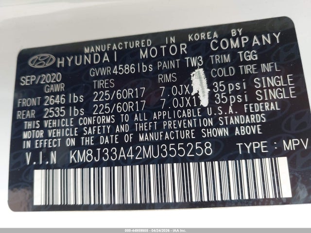 2021 Hyundai Tucson Value მანქანა იყიდება აუქციონზე, vin: KM8J33A42MU355258, აუქციონის ნომერი: 44959988