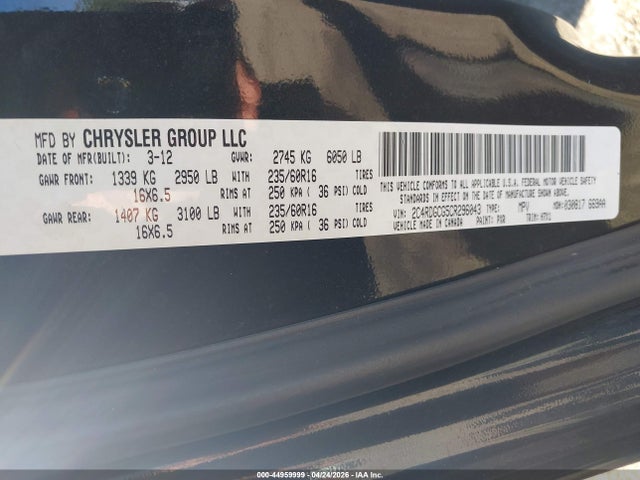 2012 Dodge Grand Caravan Sxt მანქანა იყიდება აუქციონზე, vin: 2C4RDGCG5CR296043, აუქციონის ნომერი: 44959999