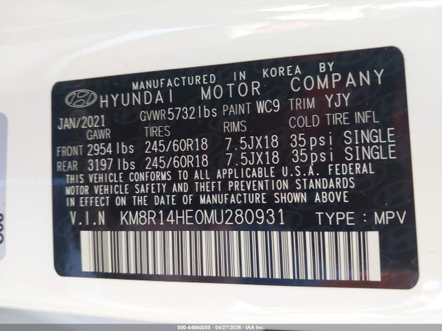 44960000 :رقم المزاد ، KM8R14HE0MU280931 vin ، 2021 Hyundai Palisade Se مزاد بيع