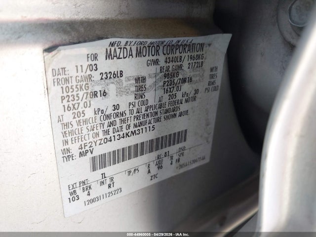 Продажа на аукционе авто 2004 Mazda Tribute Lx V6, vin: 4F2YZ04134KM31115, номер лота: 44960005