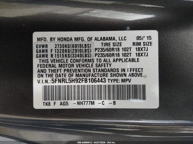 5FNRL5H92FB106443 Honda Odyssey Touring/touring Elite